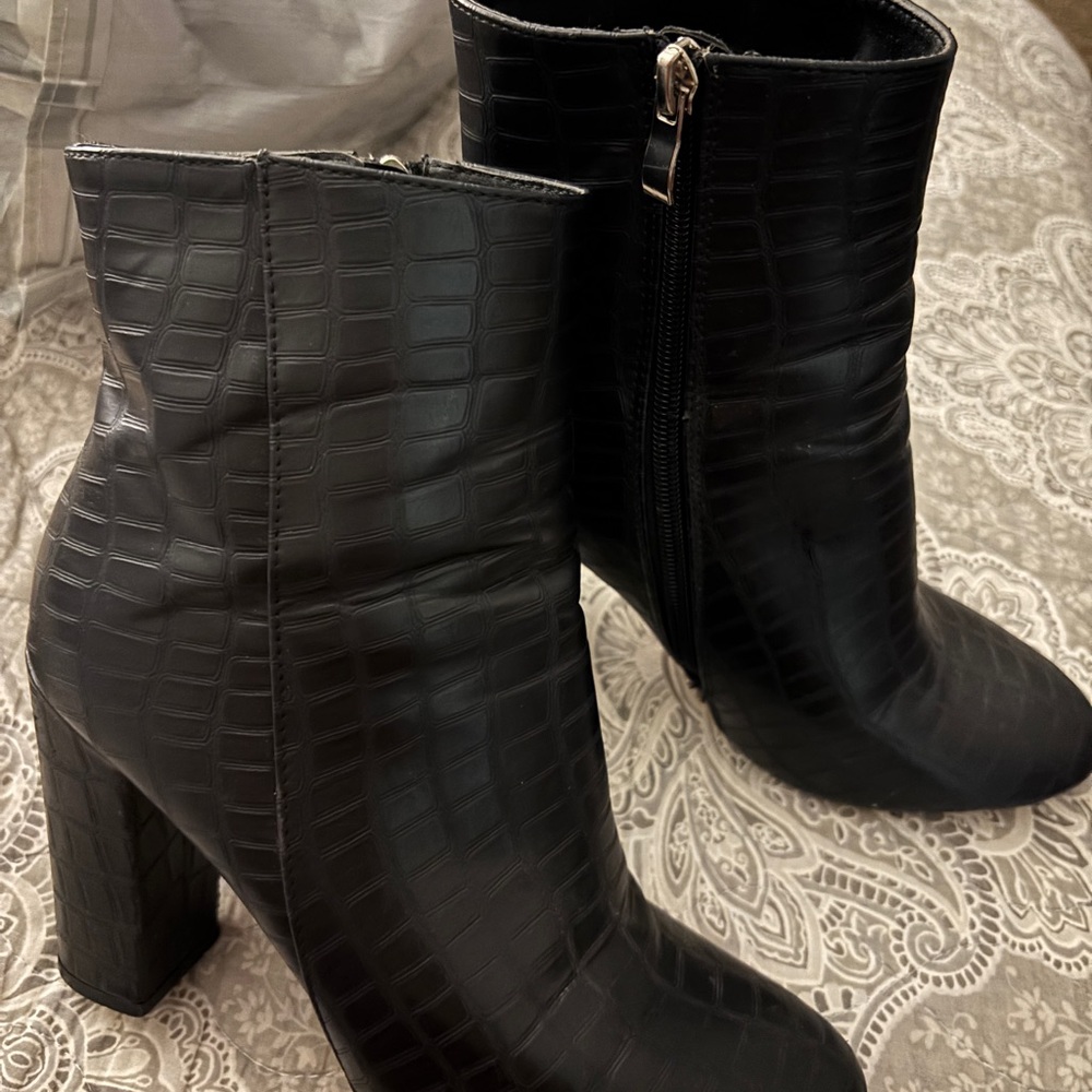 Black Croc-Embossed Ankle Boots